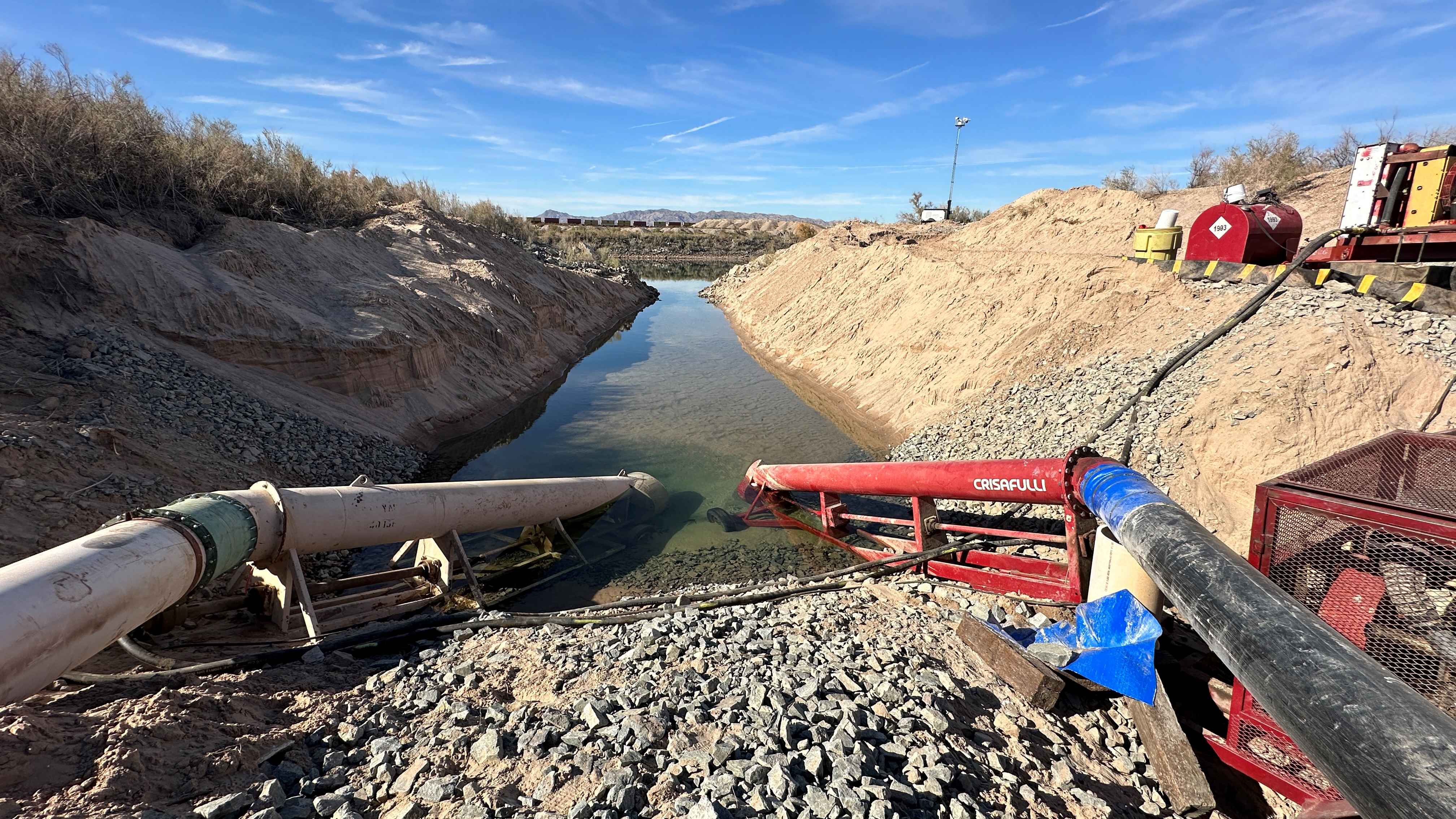 Two pumps transfer water from the Colorado River to the Fire Break Canal to bolster water levels in the Topock Marsh. (Reclamation photo by Tim Dewar) 